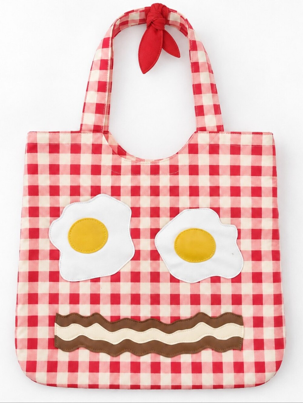 Pink Gingham Breakfast Tote Bag Fried Egg Bacon 100% Cotton 14x12